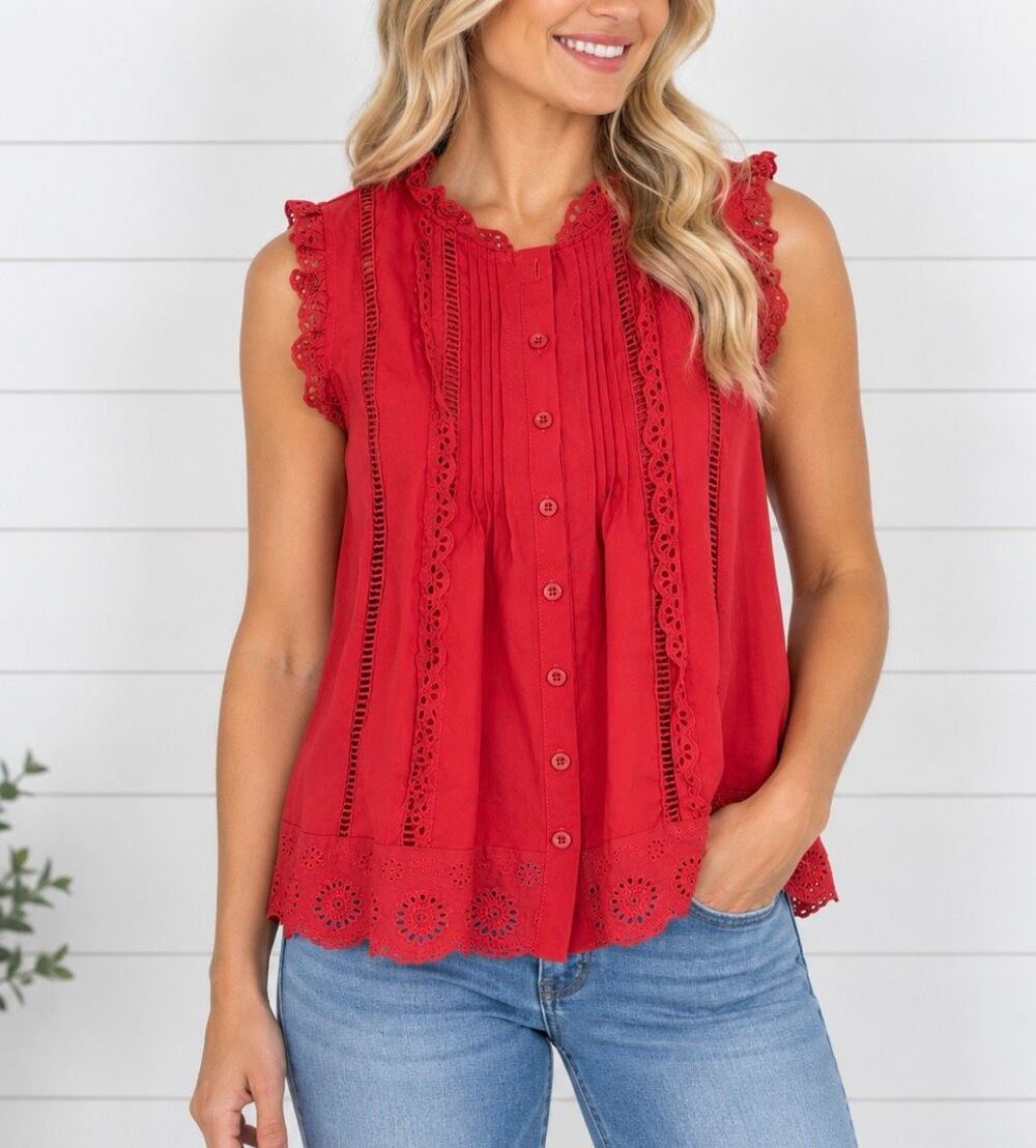 Boutique pink eyelet ruffled trim button front blouse small